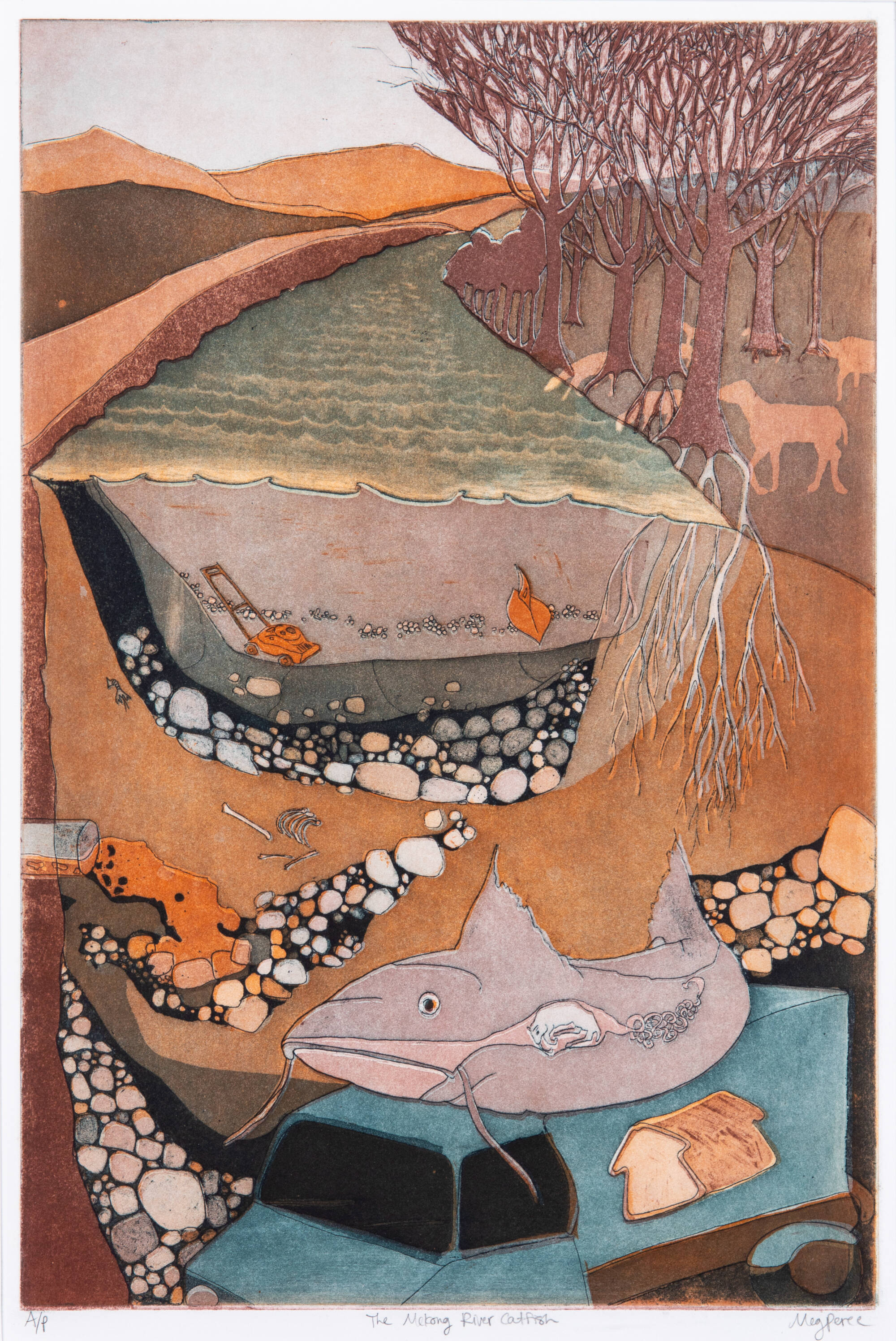 Mixed media print of a cross section of a river bed near a farm. In the river there is waste, like a truck and lawnmower, along with natural materials like rocks and a catfish.